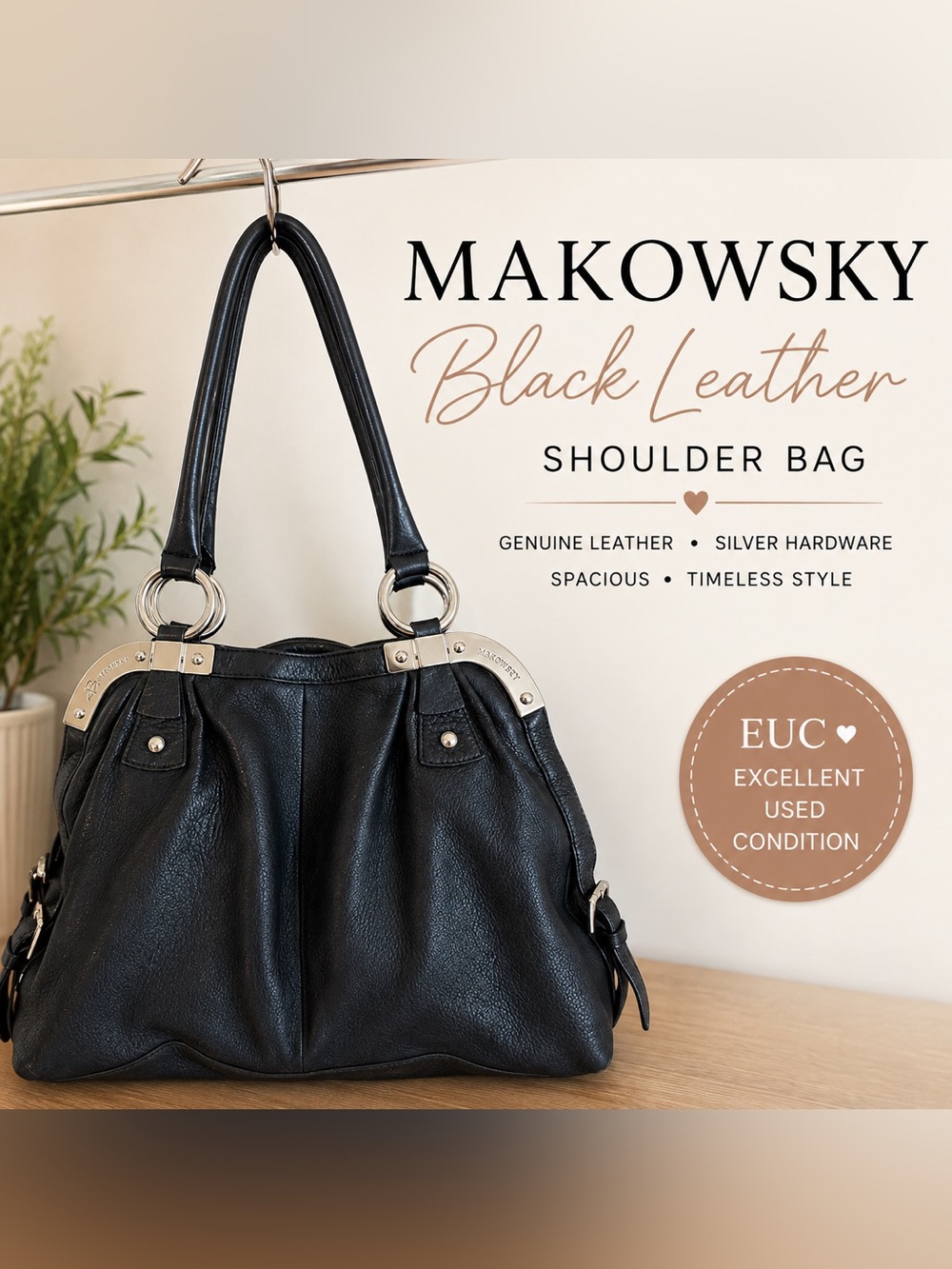 B. Makowsky Black Genuine Leather Shoulder Bag | Silver Hardware | EUC